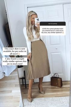 Midi Pleaded Skirt Outfits, Midi Skirt For Work, Taupe Pleated Skirt Outfit, Pleaded Skirt Outfits Aesthetic Winter, Work Outfit Midi Skirt, Midi Skirt Pleated, Camel Pleated Skirt Outfit, Aritzia Pleated Skirt Outfit, Beige Pleated Skirt Outfit Winter