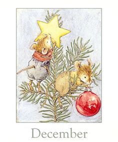 a christmas card with two mice hanging from a tree and the words december written below it