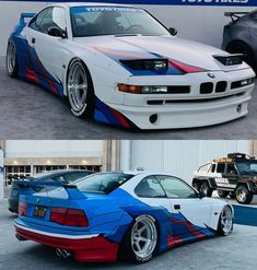 two pictures of the same car with different colors on it and one is blue, red,