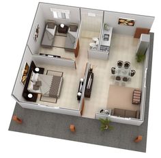 an overhead view of a two bedroom apartment with living room and dining area on the first floor