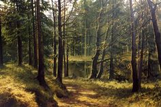 a painting of a path in the woods with trees on either side and water at the end