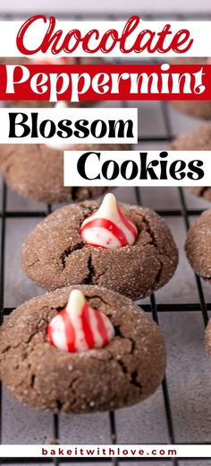 chocolate peppermint blossom cookies on a cooling rack with candy canes in the middle