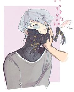 an anime character with white hair wearing a black mask and holding his face to his mouth