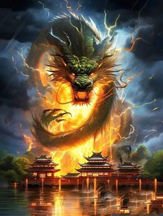 a dragon is on fire in front of some buildings and water with lightning coming from it