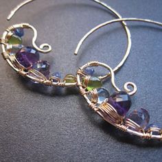 "Hammered Paisley Hoops with peridot, amethyst, tanzanite, topaz, about 1-3/4\" long. Available in 14k gold filled & sterling silver 14k rose gold filled **We now offer LAYAWAY**Please read our policy section for more info - http://www.etsy.com/shop/CalicoJunoJewelry/policy" Handmade Green Amethyst Gemstones, Seed Bead Patterns Free, Basic Jewelry, Diy Wire Jewelry, Handmade Wire Jewelry, Vermeil Jewelry, Wrapped Jewelry, Small Earrings, Jewelry Projects