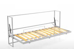 a metal bed frame with yellow and white striped mattresses on the bottom, in front of a white background