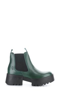 Contrast stitching accentuates the classic silhouette of a lug-sole Chelsea boot complete with a comfort-cushioned insole. 21 1/4" heel; 1 1/2" platform 4 1/2" shaft Pull-on style with elastic gore insets Removable, cushioned insole Leather and textile upper and lining/synthetic sole Made in Portugal Green Ankle Boots With Lug Sole, Green Winter Boots With Lug Sole, Winter Green Boots With Lug Sole, Green Round Toe Chelsea Boots For Fall, Closed Toe Calf Leather Boots With Lug Sole, Green Chelsea Boots With Rubber Sole And Round Toe, Green Leather Boots With Lug Sole, Chelsea Boot Women, Fly London