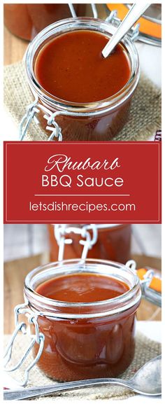 two jars filled with bbq sauce sitting on top of a table