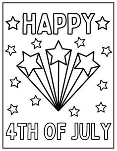 the fourth of july coloring page with stars and fireworks in black on a white background