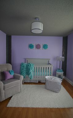 a baby's room with purple walls and white furniture