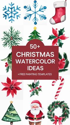 christmas watercolor set with santa claus and other decorations