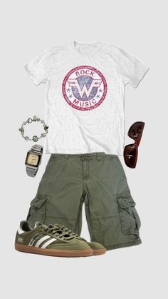 #outfit #outfitinspo #summeroutfit #adidas #weezer #grunge #band #rock Street Wear Outfits, Grunge Band, Band Rock, Outfit Collage, Streetwear Summer, Weezer, Lazy Outfits, Cool Fits