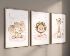 three paintings of animals on the wall in a child's room with pink clouds and stars