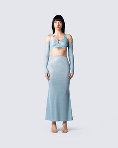 Blue Skirt For Costume Party, Blue Skirt For Spring Costume Party, Chic Winter Party Sets, Glamorous Blue Sets For Party, Glamorous Blue Party Sets, Spring Party Two-piece Skirt Set, Blue Fitted Skirt Set For Spring, Glamorous Blue Fitted Sets, Trendy Winter Party Sets