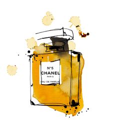 a bottle of chanel no 5 perfume on a white background with black and yellow spots