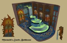 an artistic rendering of the inside of a castle with water and fire coming out of it