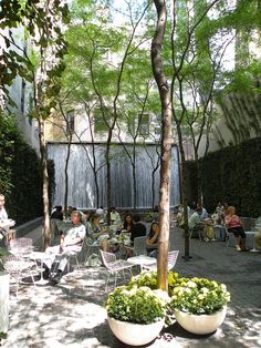 people are sitting at tables in the shade under some trees and water falling from a waterfall