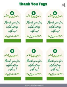 thank you tags with green leaves and the words thank you for celebrating with us on them