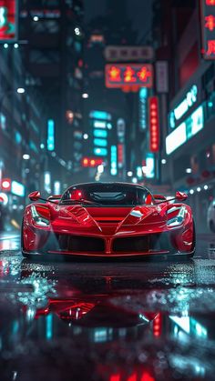 a red sports car parked in the middle of a city at night with neon lights