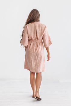 "DESCRIPTION: ♥ 100% natural European linen; ♥ safe Oeko-TEX® Standard 100 certified linen fabric ♥ softened midweight linen (185 g/m2) ♥ this garment is oversized ♥ wrap style ♥ with belt ♥ with pockets FIT ♥ length from the lower to the upper seam is about 39.4 inches / 100cm ♥ measurements taken from a size S ♥ model is 170 cm and wearing a size S/M SIZE CHART: XS: Bust 30.7\" -32.7\" (78-83 cm) , Waist 23.6\" - 25.6\" (60-65 cm), Hips 33.5\" - 35\" (85-89 cm) S/M: Bust 33\"- 37.4\" (84-95 cm Spring Wrap Robe With Relaxed Fit, Summer Wrap Dress With Kimono Sleeves And Belted Waist, Summer Wrap Dress With Kimono Sleeves And Belt, Relaxed Fit Linen Robe For Spring, Spring Wrap Robe With Belt, Beige Linen Robe For Spring, Beige Linen Spring Robe, Spring Beige Linen Robe, Beige Wrap Dress With Tie Waist