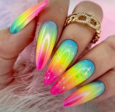 Neon Rainbow Ombre Nails, Elegant Party Outfit, Two Piece Sets Summer, Summer Crop Top, Sets Summer, Beautiful Lipstick, Colorful Nails, Bright Nails, Sparkle Nails