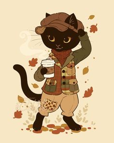 a black cat with a hat and scarf holding a cup of coffee in its hand