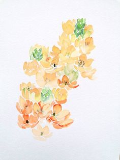 watercolor painting of flowers on white paper with orange and green leaves in the center