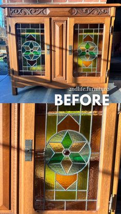 the before and after shots of stained glass doors