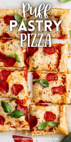 Top down view of a sliced puff pastry pizza. Puff Pizza Recipe, Pizza Using Puff Pastry, Pastry Dough Dinner Ideas, Puffed Pastry Pizza, Puff Pastry Pizza Appetizers, Pizza Pastry Puffs, Pastry Puff Pizza, Meals With Puff Pastry, Dinner Ideas With Puff Pastry