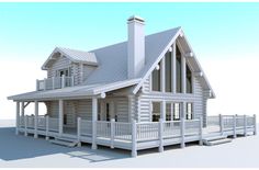 a small log cabin house with porches and balconies