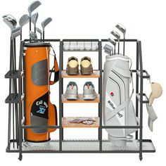 an assortment of golf equipment is displayed on a rack with shoes, clubs and tees