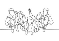 one continuous line drawing of three people standing in front of each other and pointing at something