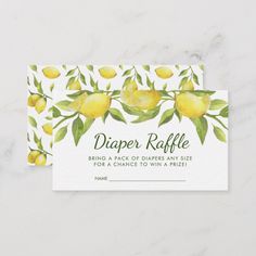 a business card for diaper raffe with lemons and leaves on the front