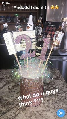 an image of a birthday cake with candles and liquors on it that says what do guys think?