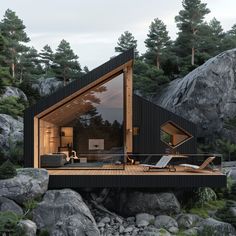 a house built into the side of a mountain with a deck and lounge chairs on it