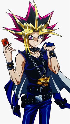 an anime character with blonde hair and blue pants, holding a cell phone in his hand