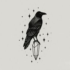 a black bird sitting on top of a crystal ball with stars around it's neck