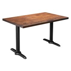 a wooden table with black metal legs and a square top on an isolated white background