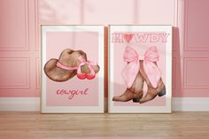 two framed art prints with pink bows and cowboy boots on them, against a pink wall