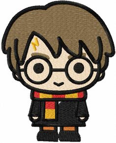 a harry potter character with glasses and a lightning bolt in his hair, embroidered on a white background