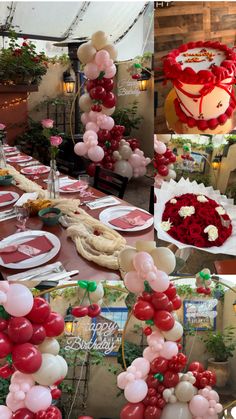 a collage of photos with balloons, flowers and cake at a wedding or birthday party