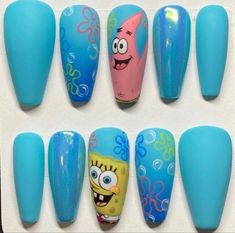 Sponge Bob Nail Art, Spongebob Nails Acrylic, Spongebob Nails Designs, Sponge Bob Nails, Nails For Spring 2023, Cartoon Character Nails, Nail 2023 Summer