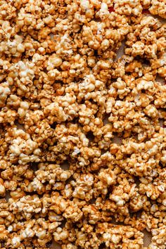 caramel popcorn on a baking sheet ready to be eaten