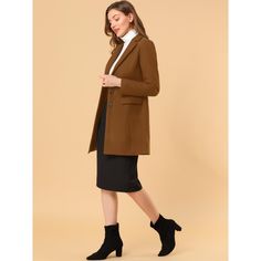 Be cozy in this warm winter coat which is cut with a notched lapel and versatile pockets for a feminine chic longline silhouette. Dress up the trench coat for an elegant chic look in Coffee shops, Shopping, Work, Office, Business, Weekend Gathering, Formal, and Outdoors in chilly winter. Simply pair it with sophisticated clutch bags and chic high-heeled shoes for an elegant look. Brown Sweater Coat With Pockets For Work, Brown Long Coat For Work, Brown Long Coat For Workwear, Long Coat For Fall Commute, Winter Workwear Outerwear With Suit Collar, Brown Single Breasted Outerwear For Office, Chic Single Button Career Outerwear, Career Outerwear With Notch Lapel And Pockets, Button Closure Sweater Coat For Work