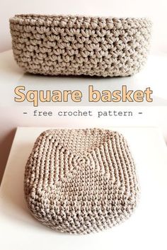 a crocheted basket sitting on top of a white table next to another bag