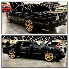 two pictures of a black car with gold rims