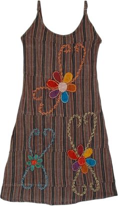 Woody notes with this gorgeous summer piece! A lovely cotton dress with a brown and black striped look, complete with thick embroidered floral motifs on top.  It's smocked elastic on the back gives this dress flexibility and makes it a one-size-fits-most style of clothing. #tlb #Embroidered #Applique #Fall #Floral #Striped #bohemianfashion #Floraldress #Summerdress #kneelengthdress #cottondress Casual Brown Patchwork Dress, Beach Patchwork Brown Dress, Brown Patchwork Beach Dress, Beach Brown Patchwork Dress, Brown Cotton Patchwork Dress, Striped Patchwork Short Sleeve Dresses, Bohemian Brown Dress With Patchwork, Brown Patchwork Knee-length Dress, Knee-length Patchwork Brown Dress