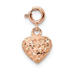 14k rose gold diamond-cut heart with spring ring charm pendant. Measures approximately 9/16"L x 5/16"W and has a 0.99mm bail. Heart-shaped Rose Gold Charm Jewelry, Rose Gold Heart Pendant Jewelry With Diamond Cut, Rose Gold Charms Jewelry For Valentine's Day, Rose Gold Heart Charm, Rose Gold Heart Charm For Valentine's Day, Rose Gold Heart Charms For Valentine's Day, Valentine's Day Rose Gold Heart Charm, Rose Gold Charms For Valentine's Day, Tanzanite Jewelry