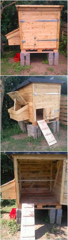 the chicken coop is made out of pallets and has been built into it's roof