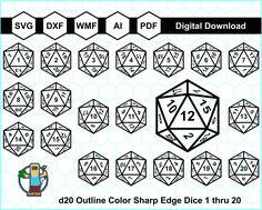 d20 outline color sharp edge dice 1 thru 20